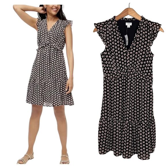 NEW J.Crew Factory Ruffle V-neck Mini Dress in Blue White Floral 0 - Picture 1 of 11